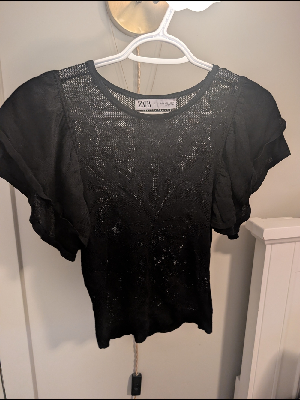 Zara Black Sheer Knit Flutter Sleeve Top